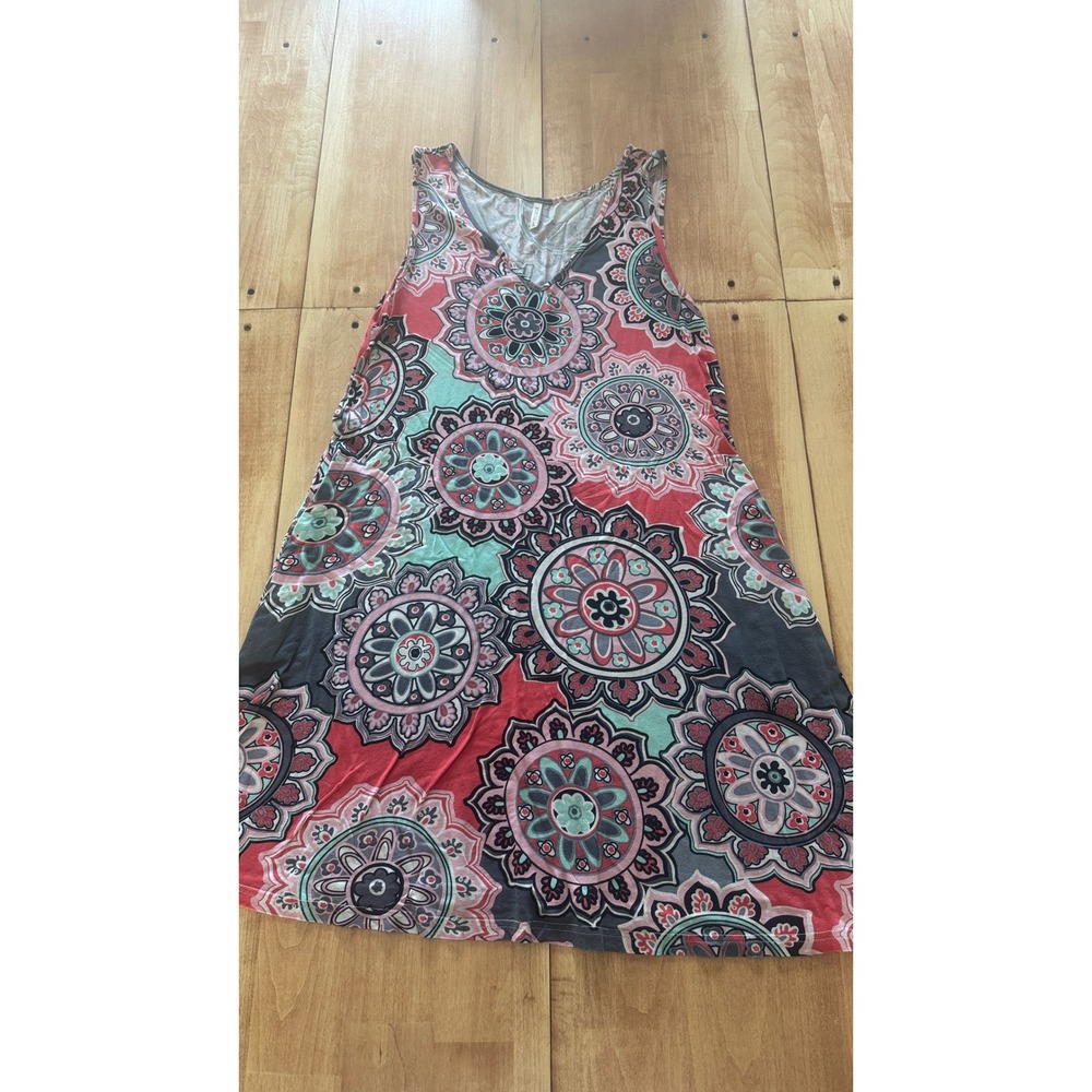 BISHUIGE Womens Large Red Teal Mandala‎ Floral V-Neck Sleeveless Pocket Dress